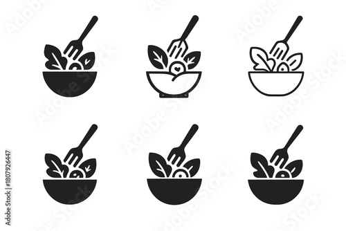 Salad Bowl Icons. Salad bowl. Icon set. Set Logo of salad bowl: bowl with leaves representing freshness and balance. harmonious logo variations of the same