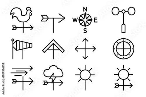 Weather Vane Icons. Weather vanes. Line icon set of weather vanes: rooster vane, arrow vane, compass rose, cup anemometer, wind sock, roof ridge, mounting