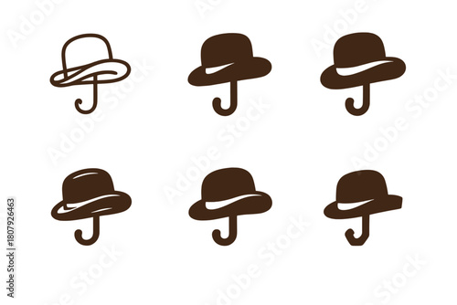Vintage Hat Logos. Old hat. Icon set. Set Logo of old hat: vintage bowler hat with worn texture. harmonious logo variations of the same emblematic concept,