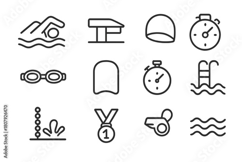 Freestyle Swim Icons. Freestyle swimming. Line icon set of freestyle swimming: swimmer, starting block, swim cap, goggles, kickboard, stopwatch, lane rope,