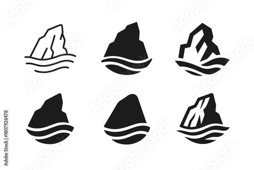 Rocky Shore Logos. Rocky shore. Icon set. Set Logo of rocky shore: coastal cliffside view. harmonious logo variations of the same emblematic concept, each with