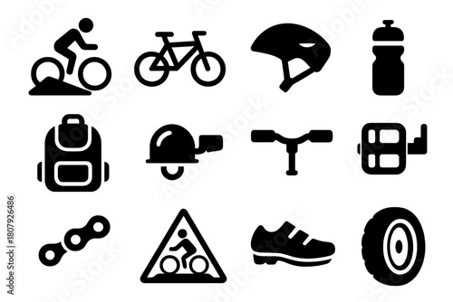 Mountain Biking Icons. Mountain biking. Line icon set of mountain biking: mountain bike, uphill trail, downhill trail, biker helmet, water bottle, chain,