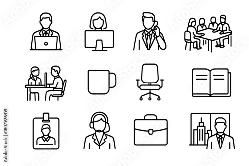Modern Office Icons. Business professionals working in modern office settings. Line icon set of business professionals working in modern office settings: