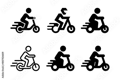 Scooter Logo Variations. Riding a scooter. Icon set. Set Logo of Riding a Scooter: scooter parked beside city street. harmonious logo variations of the same