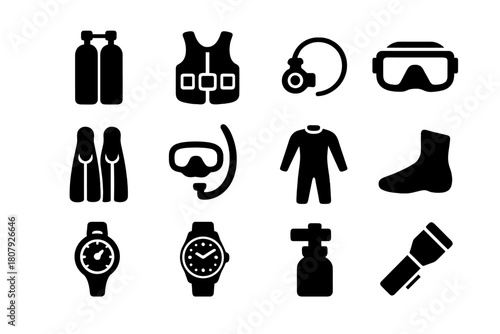 Scuba Gear Icons. Scuba equipment. Solid icon set of Scuba equipment: scuba tank, buoyancy control device, regulator hose, dive mask, fins, snorkel, wetsuit,