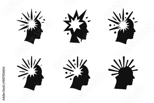 Epiphany Icon Variations. Unexpected epiphany. Icon set. Set Logo of unexpected epiphany: abstract mind with shining spark at center. harmonious logo