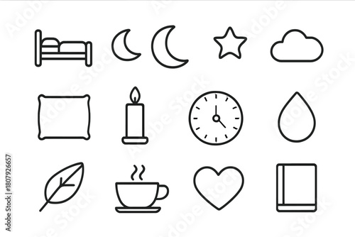 Rest and Recovery Icons. Rest and Recovery. Line icon set of Rest and Recovery: bed, moon, star, cloud, pillow, candle, clock, droplet, leaf, tea cup, heart,