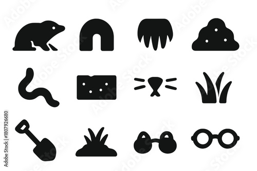 Soil Digger Icons. Soil Digger. Solid icon set of Soil Digger: mole, tunnel, digging paws, dirt mound, worm, soil, whiskers, nose, grass, shovel, garden,