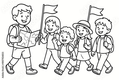 Joyful Procession Coloring Page. Community procession children?s coloring book illustration, outlined drawing, a group of smiling travelers walking together