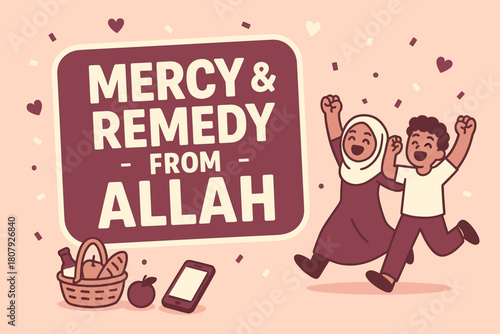 Joyful Celebration Banner. Daily Rizq banner, flat vector illustration, bold oversized text inside rounded blob banner, cartoon characters dancing and holding