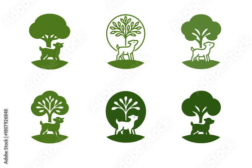 Farm Joy Logos. Joyful scenes at a farm, with baby animals. Icon set. Set Logo of farm joy: playful kittens near baskets of hay. harmonious logo variations of