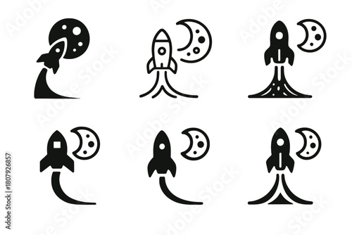 Lunar Exploration Logos. Lunar exploration and moon missions. Icon set. Set Logo of Lunar Exploration: moon and orbiting spacecraft. harmonious logo variations