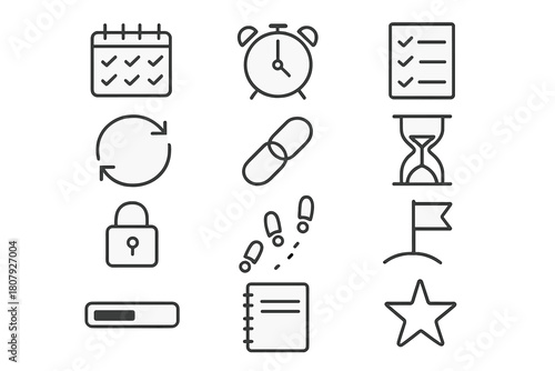 Discipline Icon Set. Discipline and consistency. Line icon set of discipline and consistency: calendar streak, alarm clock, checklist, habit loop arrow, chain