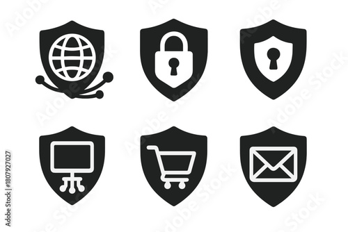 Cybersecurity Logo Grid. Cybersecurity for Digital Marketing and Advertising Platforms. Set Logo of Digital Security Set: Abstract geometric, Filled