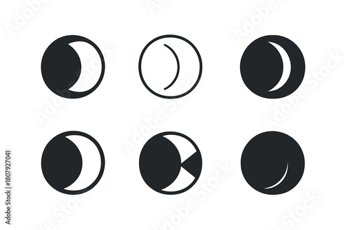 Moon Phases Icons. Moon phases. Icon set. Set Logo of moon phases: telescope viewing path trailing through phases. harmonious logo variations of the same