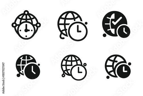 Time Zone Icons. Time zone awareness tools. Icon set. Set Logo of Time zone awareness tools: Calendar with global time. harmonious logo variations of the same
