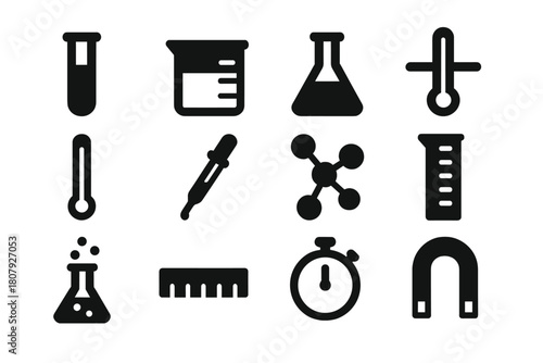 Laboratory Icon Set. Laboratory Equipment. Line icon set of Laboratory Equipment: microscope, beaker, flask, pipette, test tube, Bunsen burner, Petri dish,