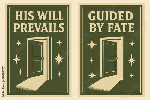 Destiny's Path Banners. Destiny. Two vertical A6 banners with safe margins, centered composition, no elements touching edges, retro, olive green and cream,