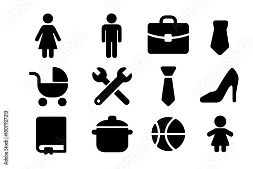 Traditional Roles Icons. Traditional Roles. Solid icon set of Traditional Roles: woman, man, apron, briefcase, baby stroller, tools, tie, high heel, school