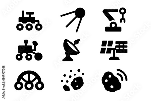 Space Robots Icons. Space Robots. Solid icon set of Space Robots: rover, probe, robotic arm, satellite, antenna dish, solar panel, camera eye, sensor radar,