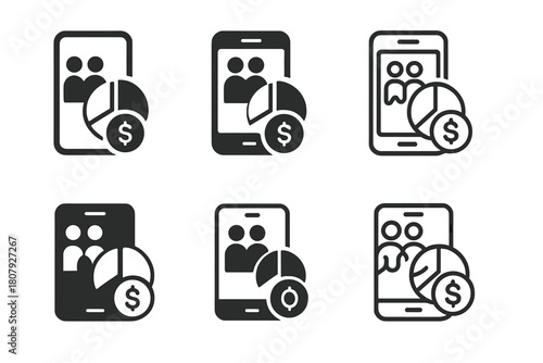 Finance Tracking Icons. Tracking family finances using an app. Icon set. Set Logo of tracking family finances using an app: digital pie chart and coin.