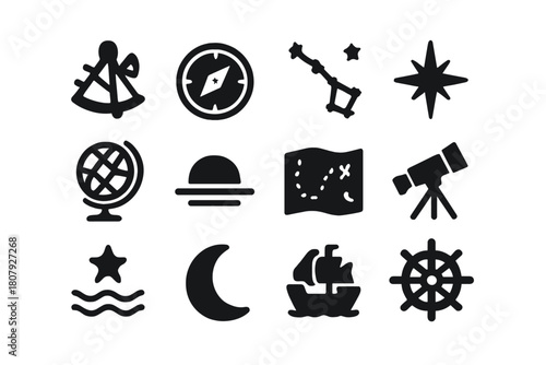 Celestial Navigation Icons. Celestial navigation. Line icon set of celestial navigation: sextant, telescope, compass, North Star, star map, constellation,
