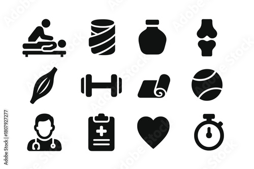 Sports Therapy Icons. Sports injury therapy. Solid icon set of sports injury therapy: physiotherapist, bandage, ice pack, knee joint, muscle, dumbbell, mat,