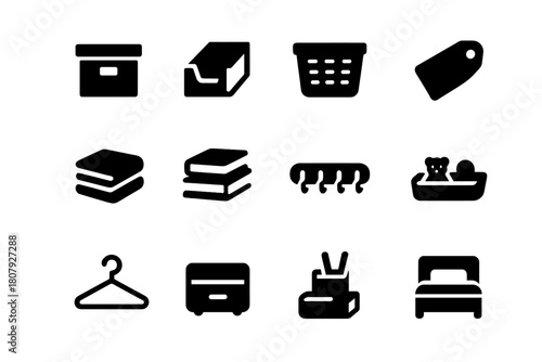 Organized Space Icons. Organized Spaces. Solid icon set of Organized Spaces: storage box, shelf bin, basket, label tag, folded clothes, stack of books, peg