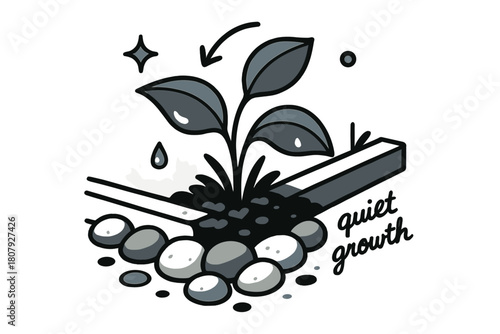 Lively Garden Scene. Pebble ? Garden Corner. Pebbles line a flower bed with soft shadows; droplets glint after rain. Label ?quiet growth? in small script