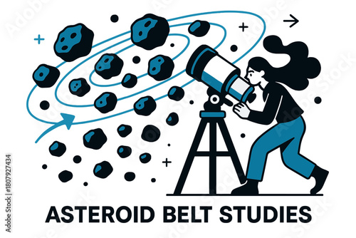 Asteroid Belt Exploration. Asteroid belt studies. Telescope pointing towards asteroid belt with floating asteroids and abstract orbit lines; conveys astronomy,