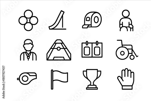 Boccia Icon Set. Boccia sport. Line icon set of boccia sport: ball set, ramp, measuring tape, athlete, referee, court line, scoreboard, wheelchair, whistle,
