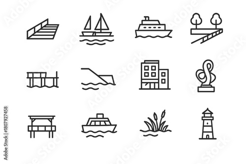 Waterfront Icon Set. Waterfront redevelopment. Line icon set of waterfront redevelopment: boardwalk, marina, ferry, riverfront promenade, pier, flood levee,