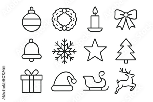 Festive Icon Set. Festive celebration. Line icon set of Festive celebration: party hat, confetti, streamer rolls, balloons, ribbon, gift box, cake, cocktail