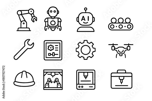 Robotics Teamwork Icons. Robotics teamwork. Line icon set of Robotics teamwork: robotic arm, humanoid robot, AI assistant, conveyor belt, wrench, tablet