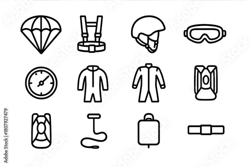 Parachuting Gear Icons. Parachuting training. Line icon set of parachuting training: harness adjustment, helmet, jumpsuit, parachute, altimeter, ripcord,