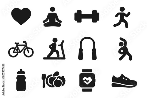 Wellness Line Icons. Wellness and prevention. Line icon set of Wellness and prevention: exercise figure, nutrition icon, hand washing, face mask, first aid