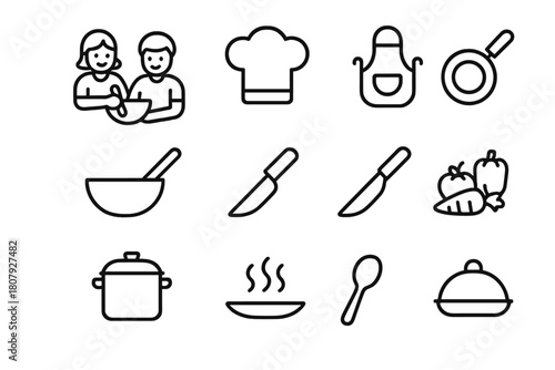 Cooking Together Icons. Cooking together. Line icon set of Cooking together: two people, chef hat, apron, frying pan, mixing bowl, spatula, knife, chopping