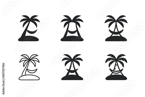 Island Logo Variations. Island. Icon set. Set Logo of Island: small island with sunset horizon. harmonious logo variations of the same emblematic concept, each