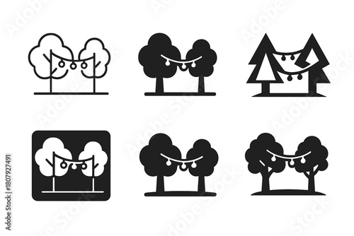 Outdoor Fairy Lights Logos. Setting up outdoor fairy lights. Icon set. Set Logo of setting up outdoor fairy lights: cozy terrace lighting. harmonious logo
