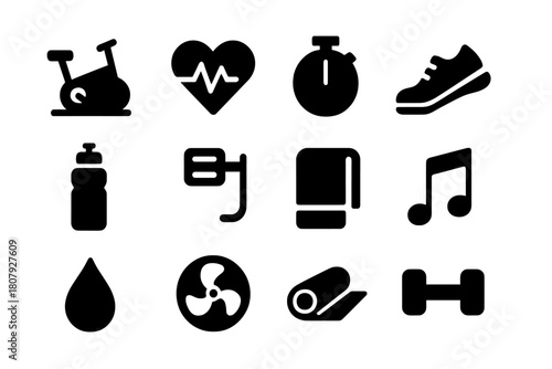 Cardio Workout Icons. Cardio workout. Solid icon set of Cardio workout: treadmill, exercise bike, jump rope, yoga mat, dumbbell, kettlebell, resistance band,