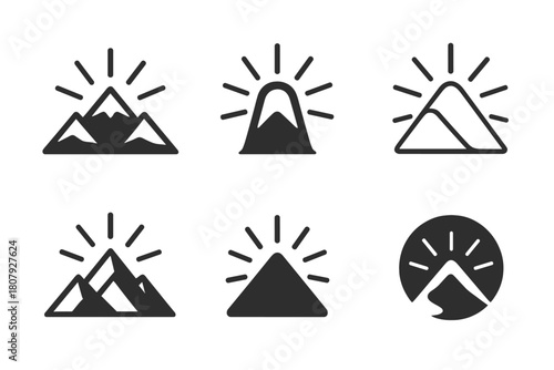 Nature's Emblematic Icons. The power of nature to inspire creativity and calmness. Icon set. Set Logo of nature?s power: mountain peak radiating light and