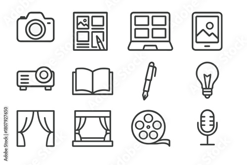 Visual Storytelling Icons. Visual storytelling. Line icon set of visual storytelling: camera, frame, person silhouette, speech bubble, light bulb, star, book,