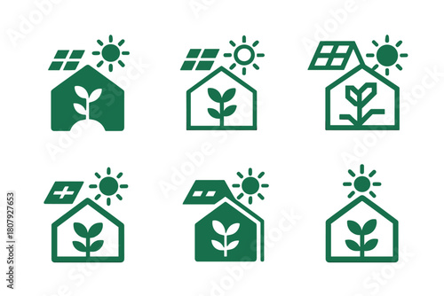 Sustainable Agriculture Icons. Climate change action. Icon set. Set Logo of Sustainable Agriculture: Farm with plants. Abstract geometric, Stylized detail,