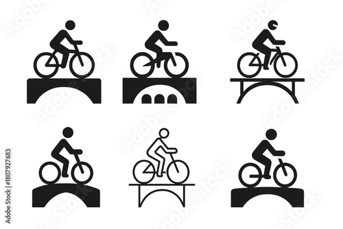 Bicycle Commuting Logos. Bicycle commuting. Icon set. Set Logo of Bicycle Commuting: front view of bicycle with city elements. harmonious logo variations of