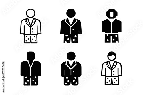 Work-From-Home Fashion Icons. work-from-home fashion. Icon set. Set Logo of work-from-home fashion: person in blazer and pajama pants. harmonious