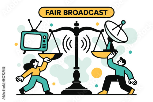 Broadcast Balance. Television licensing and regulations ? Legal balance. Scales of justice hold a retro TV and a satellite dish; curved signal lines connect