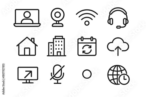 Hybrid Work Icons. Remote and hybrid workplaces. Icon set. Set Logo of Remote and hybrid workplaces: home office desk setup. harmonious logo variations of the