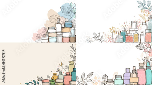 Delicate skincare themed corner illustrations with cosmetic bottles jars leaves and soft pastel textures. Ideal for beauty branding product layouts social media posts and elegant packaging designs.