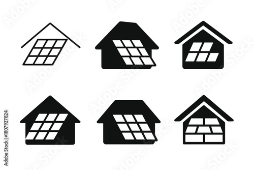 Solar Roof Logo Set. Solar roofing systems. Icon set. Set Logo of solar roofing systems: roof with solar shingles pattern. harmonious logo variations of the