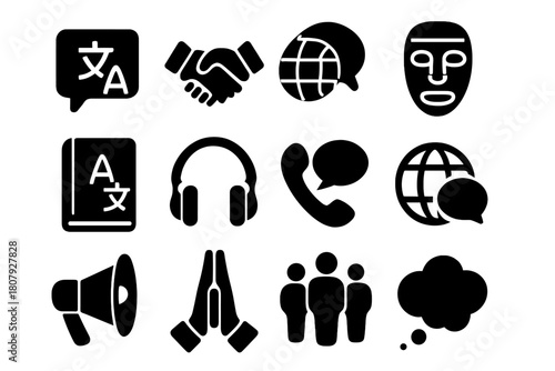 Cross-Cultural Icons Set. Cross-Cultural Communication. Line icon set of Cross-Cultural Communication: globe, chat bubble, hands, people, flag, book, document,
